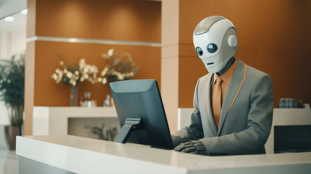 A white, humanoid robot with a neutral expression and large dark eyes, wearing a gray business suit and an orange tie, is sitting at a white reception or office desk, looking down at a computer monitor. The background is a modern office lobby with orange accent walls.
