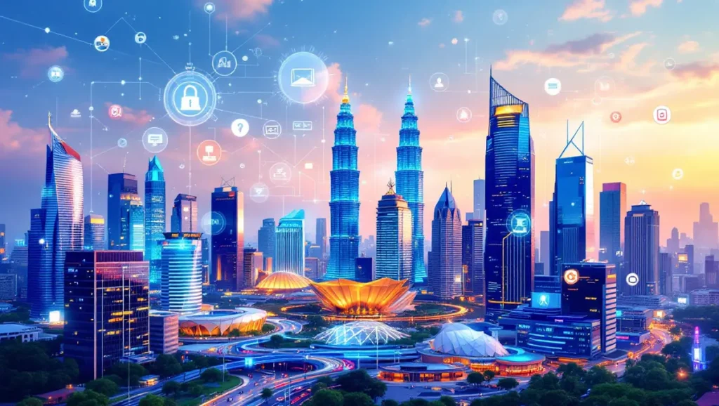A vibrant, futuristic depiction of the Kuala Lumpur skyline at sunset, featuring the Petronas Twin Towers and other skyscrapers. The city is overlaid with glowing digital network graphics and icons representing connectivity, cybersecurity, and data exchange.