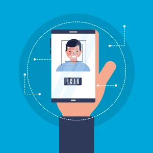 A illustartor image showing the hand holding a phone, a phone is scanning the owner face for id verification