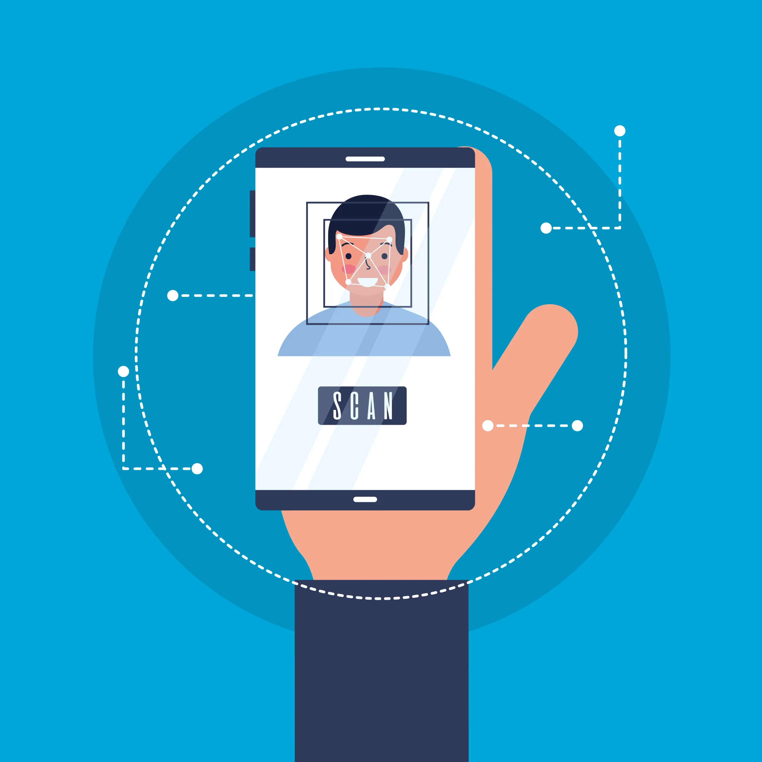 A illustartor image showing the hand holding a phone, a phone is scanning the owner face for id verification